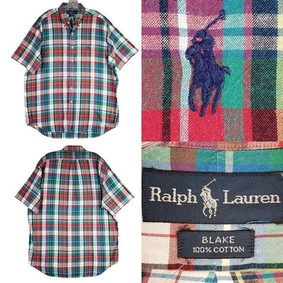 Polo Ralph Lauren Mens Oxford Plaid Blake Button Down Shirt SS Green Red Large L - Picture 1 of 9